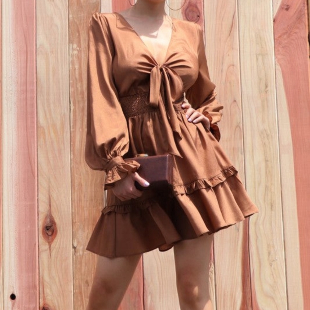 TIE UP WOVEN LONG SLEEVES MINI DRESS